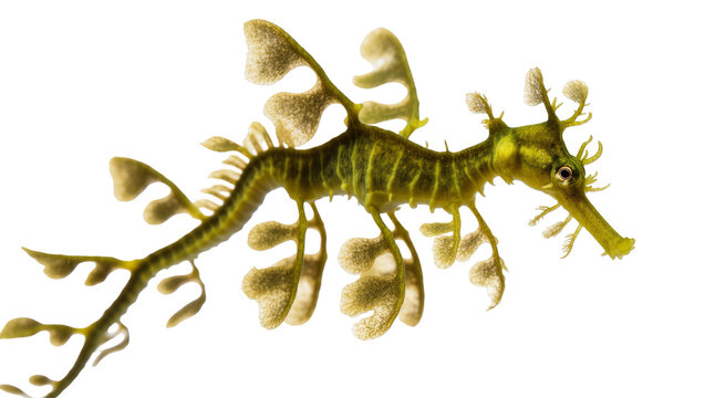 Isolated unique leafy sea dragon with intricate camouflage and flowing appendages