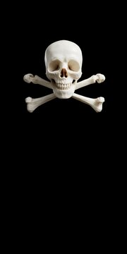 Isolated human skull and crossed bones white skeletal emblem on black background classic pirate hazard symbol