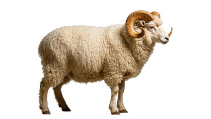 Fototapeta premium Isolated powerful domestic horned ram standing majestically in profile with thick wool coat