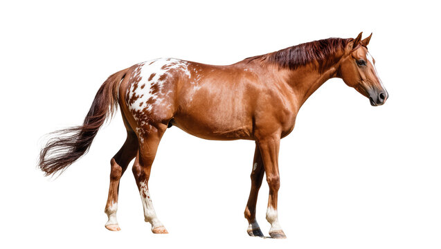 Isolated magnificent spotted horse with brown coat and white blaze on face and legs
