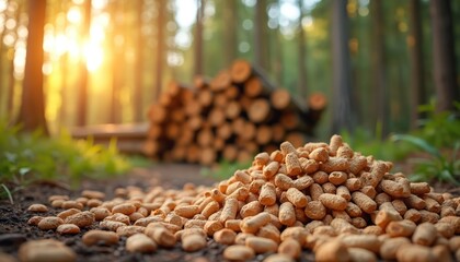 Obraz premium Pile of wood pellets sits on forest floor near stacked logs. Sun shines through trees creating bokeh effect. Clean energy source in natural woodland setting, representing eco friendly fuel.