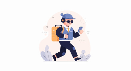 Fototapeta premium Character with backpack and phone, running in stylized environment