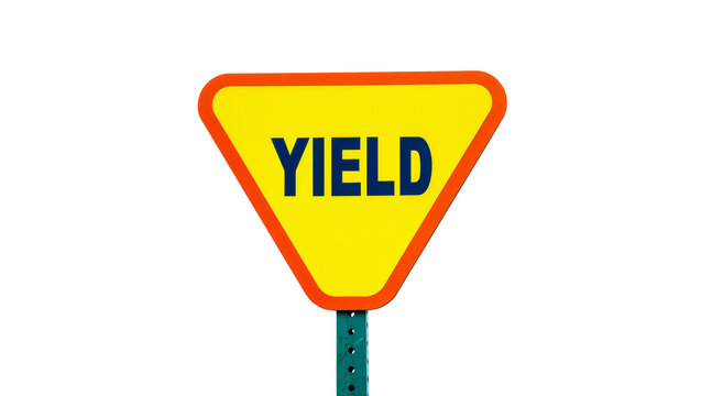 Isolated yellow yield traffic sign on a green metal post, clear bright road safety symbol.