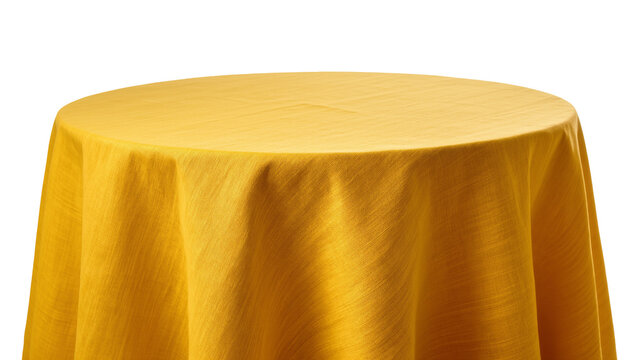 Isolated vibrant yellow tablecloth draped over round table for event decor or dining