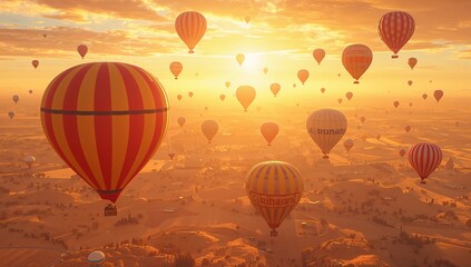 Naklejka premium Colorful Hot Air Balloons Soaring Over Golden Sunset Landscape