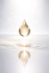 Fototapeta premium Golden liquid drop suspending above a reflective water surface, creating soft ripples and a glowing light effect, conveying concepts of purity, essence, and skincare