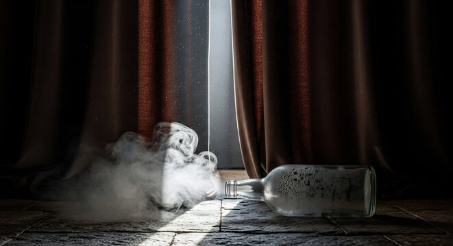 어두운 배경에 신비롭게 빛나는 유리병 연기