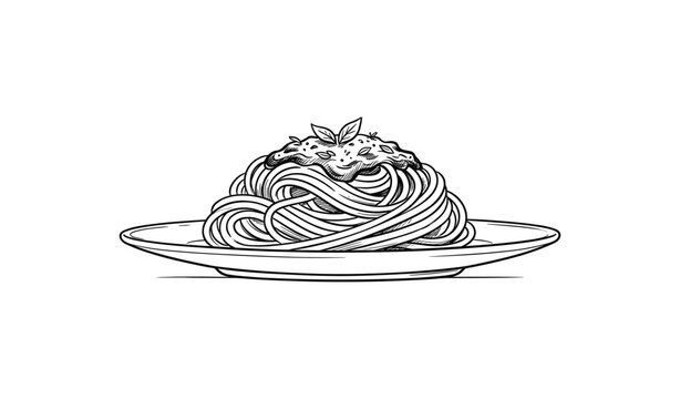 Hand-drawn black and white spaghetti with tomato sauce and basil on plate