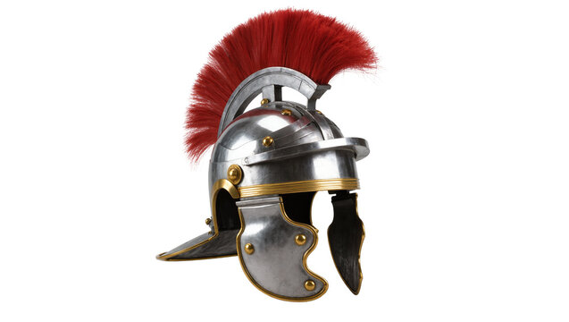 Isolated Roman Centurion helmet with a vibrant red plume, classic ancient military warrior gear