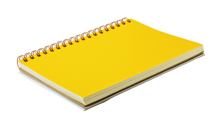 Isolated yellow spiral-bound notebook laying angled, perfect for school supplies and office work © Jn