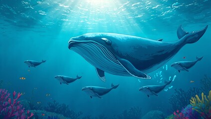 Fototapeta premium Majestic Humpback Whale Swimming in Vibrant Coral Reef Environment