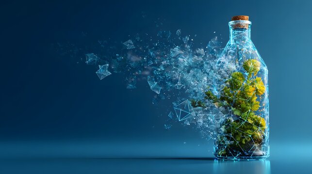 A glass bottle with a plant inside and geometric shapes exploding out of it