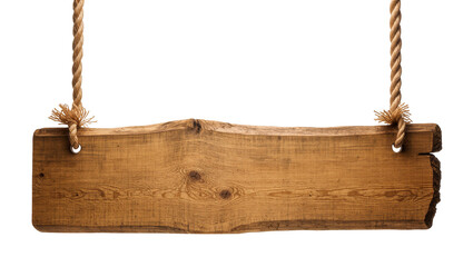Isolated rustic wooden sign hanging by thick ropes, blank wood plank for message © Jn