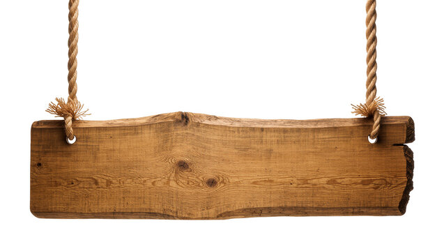Isolated rustic wooden sign hanging by thick ropes, blank wood plank for message