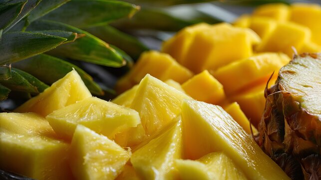 A plate of fresh and juicy pineapple chunks with green leaves