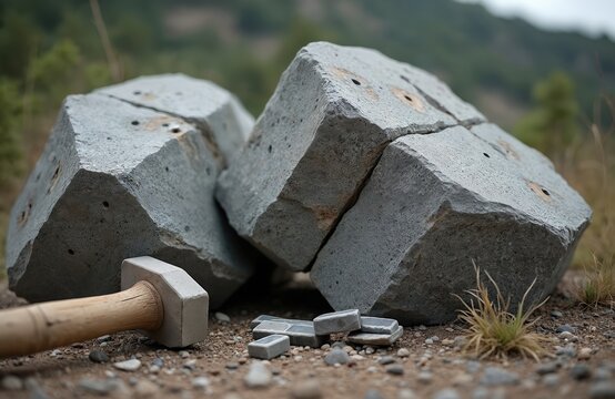 Hammer and metal wedges rest near large granite rocks with drill holes. Stone splitting for construction or landscaping outdoors. Quarry material detail shows weathered surface.