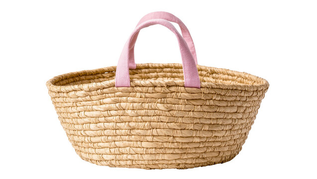 Isolated handmade straw basket with sturdy pink fabric handles for shopping or storage
