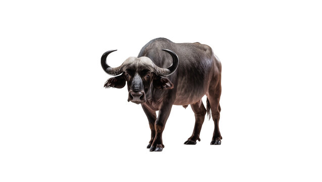 Isolated powerful Cape buffalo standing, majestic African wildlife mammal looking at camera
