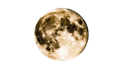Isolated golden glowing full moon with detailed craters and textured lunar surface. © Jn