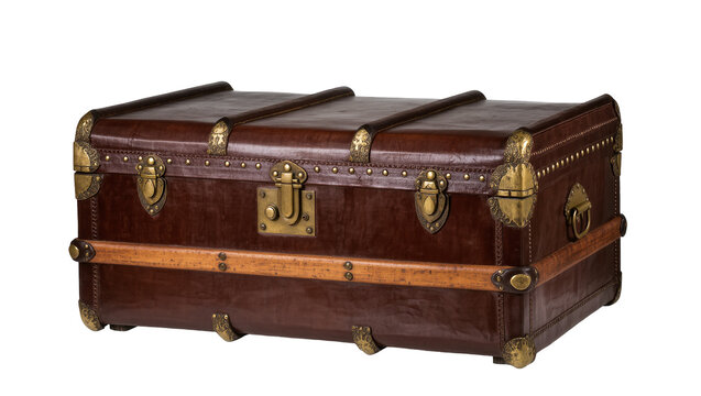 Isolated old leather travel trunk with brass hardware and ornate details, vintage luggage box
