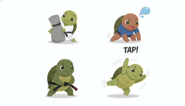 Cute cartoon turtles practicing martial arts and dancing in four playful poses