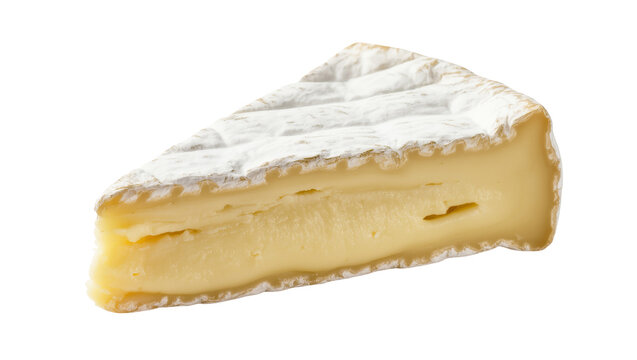 Isolated gourmet wedge of soft-ripened cheese with creamy texture and bloomy rind