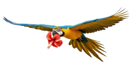 Isolated majestic blue and yellow macaw parrot soaring with a beautiful red hibiscus flower © Jn