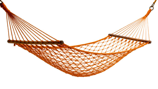 Isolated orange rope hammock with wooden spreader bars for a relaxing summer vacation