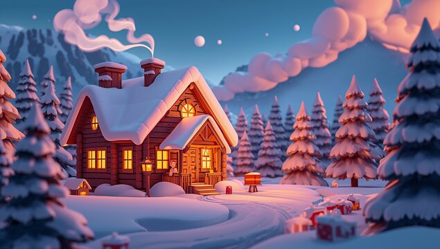 Cozy Winter Cabin in Snowy Landscape with Pine Trees at Twilight
