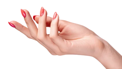 Fotobehang Manicure Isolated elegant female hand with vibrant coral pink almond shape nails and perfect manicure.  © Jn