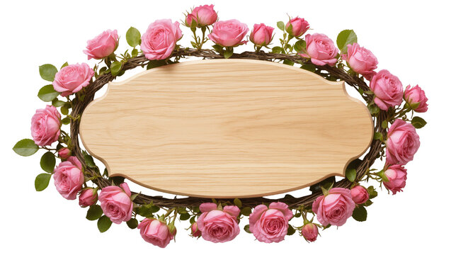 Isolated rustic wooden sign framed by a charming wreath of delicate pink roses and lush green foliage