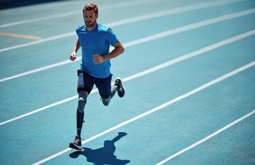 Obraz premium Amputee athlete runs fast on blue sports track. Man with prosthetic leg trains for competition. Active runner shows speed endurance strength on sunny day.