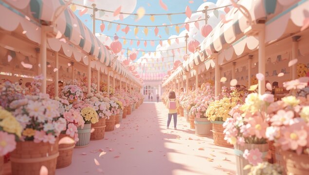 Colorful Flower Market with Blooming Flowers and Decorative Banners