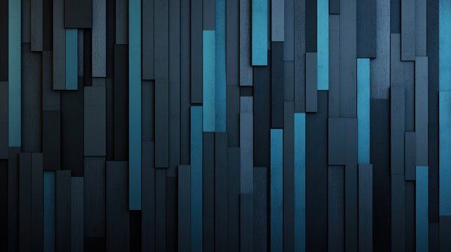 Dark blue rectangular panel wall, geometric abstract pattern, modern interior design, vertical lines, textured surface, moody atmosphere
