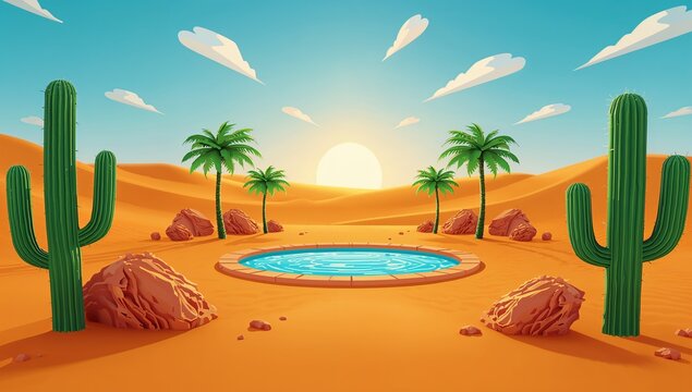 Serene Desert Oasis with Pool Surrounded by Cacti and Palms