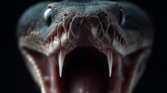 Snake opening mouth showing sharp fangs and powerful teeth in a striking, aggressive attack posture