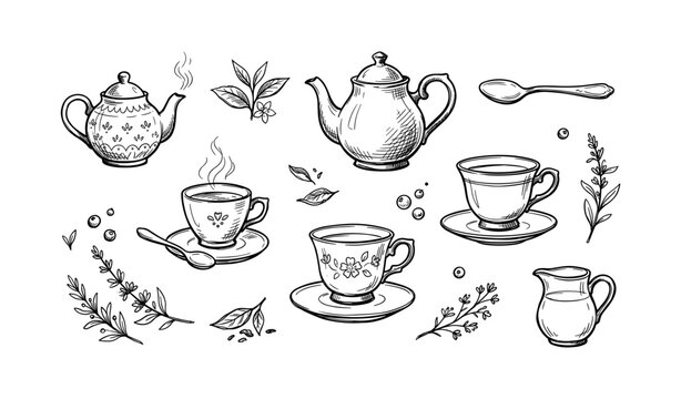 Charming vintage tea set sketch with teapots, teacups, and floral elements in black and white