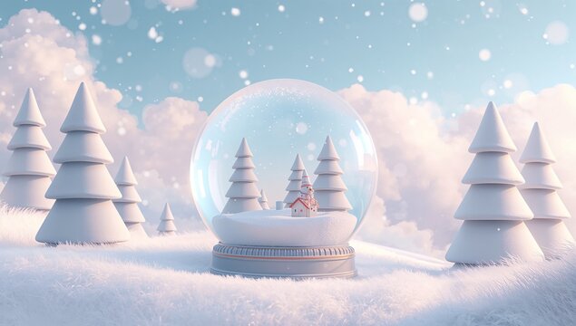 Snow Globe with House and Trees Surrounded by Winter Wonderland