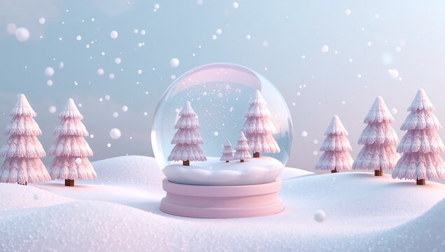 Enchanted Snow Globe with Winter Wonderland and Pink Trees
