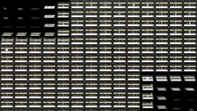 Retro Black Audio Cassette Flat Lay Grind Transition with Alpha Channel two side diagonal wipe.