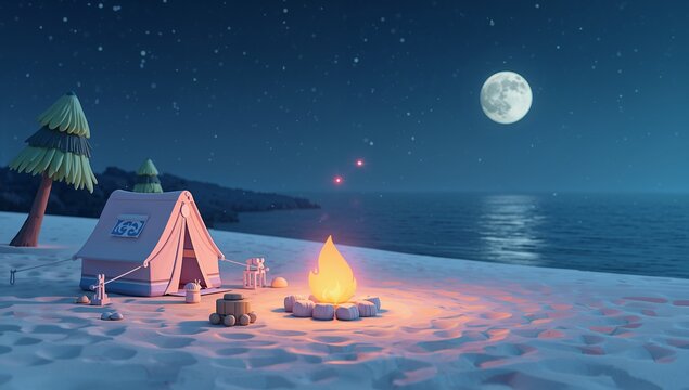 Serene Night Camping Scene with Tent and Campfire by the Ocean
