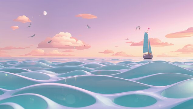 Tranquil Seascape with Sailboat Against Colorful Sky and Waves