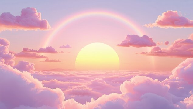 Serene Sunrise with Rainbow Over Soft Pink Clouds in the Sky