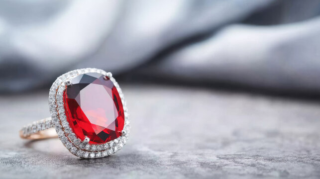 Luxurious red gemstone ring with sparkling diamonds on a grey surface, elegant jewelry for engagement or anniversary