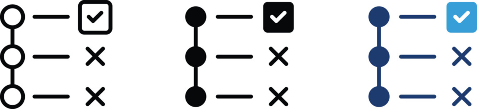 Checklist progress icons in outline and solid styles, task management list with check and cross marks, productivity workflow vector set