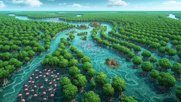 Lush Mangrove Forest with Pink Flamingos and Turquoise Waters