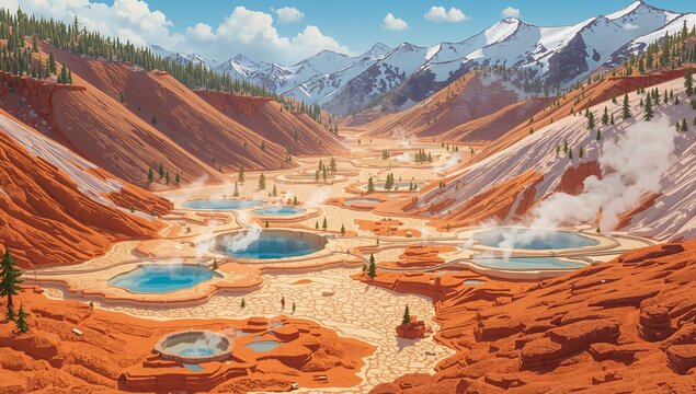 Colorful Thermal Springs in Rocky Landscape with Snowy Mountains