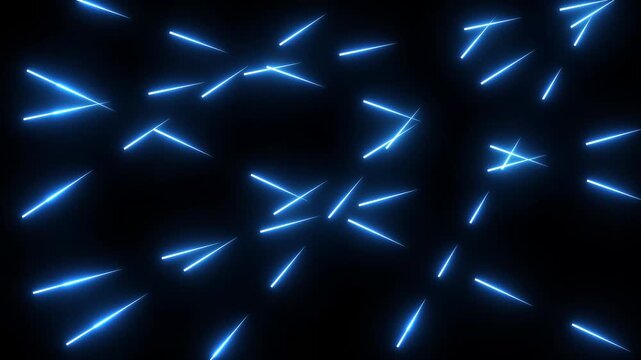 Meteor shower falling animation with glowing white and blue light trails on black background. 4K animated shooting star shower for cinematic motion graphics, space visuals, and video editing.