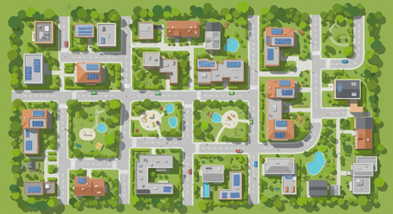 Fototapeta premium Top View Illustration of a Sustainable Eco-Friendly City with Solar Panels, Green Parks, and Modern Urban Planning