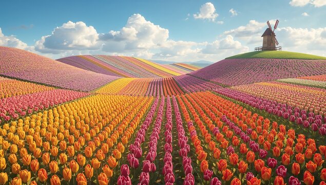 Vibrant Tulip Fields with Windmill Under Bright Sky in Spring
